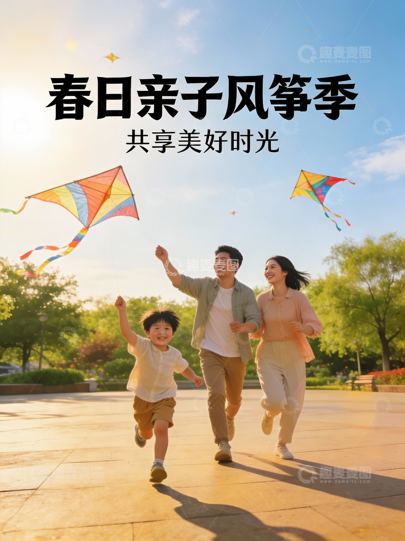 高清大图下载【趣麦麦图】春日公园亲子放风筝