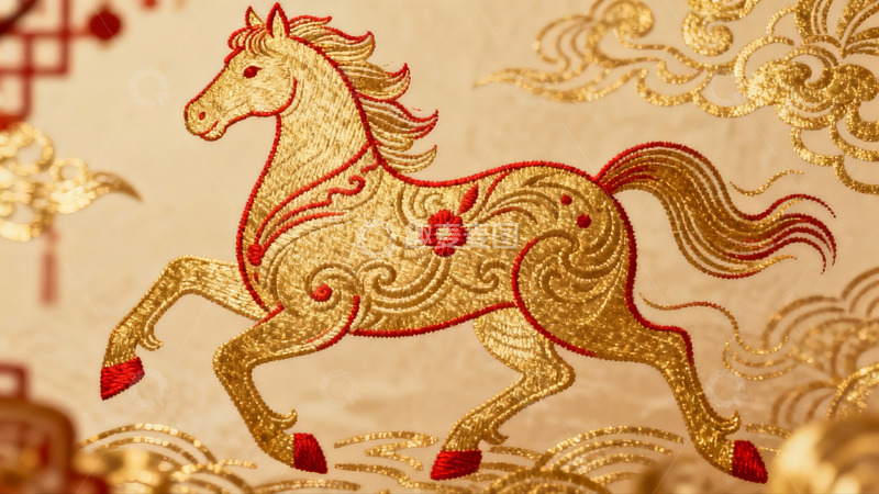 高清大图下载【趣麦麦图】金色绣马图案精美细腻
