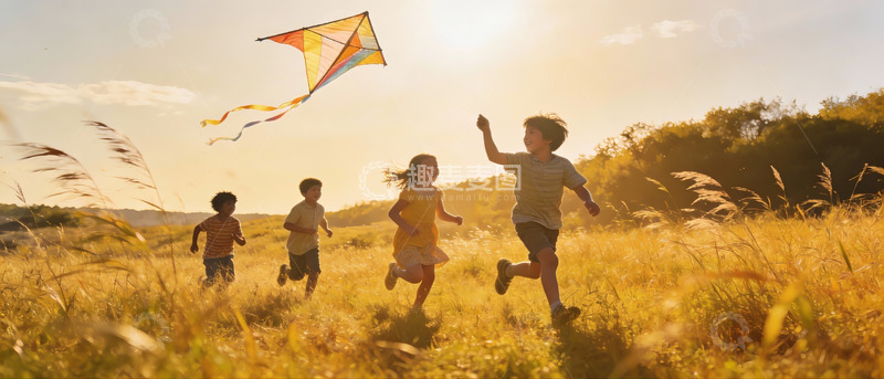 高清大图下载【趣麦麦图】孩童户外奔跑放风筝