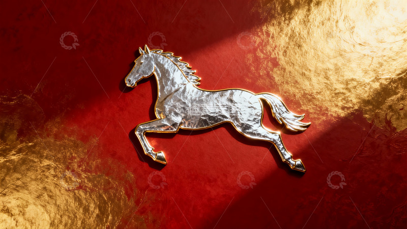 高清大图下载【趣麦麦图】金色背景上的银色奔马图案
