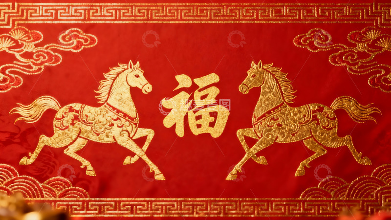 高清大图下载【趣麦麦图】红色背景金色马纹福字装饰画