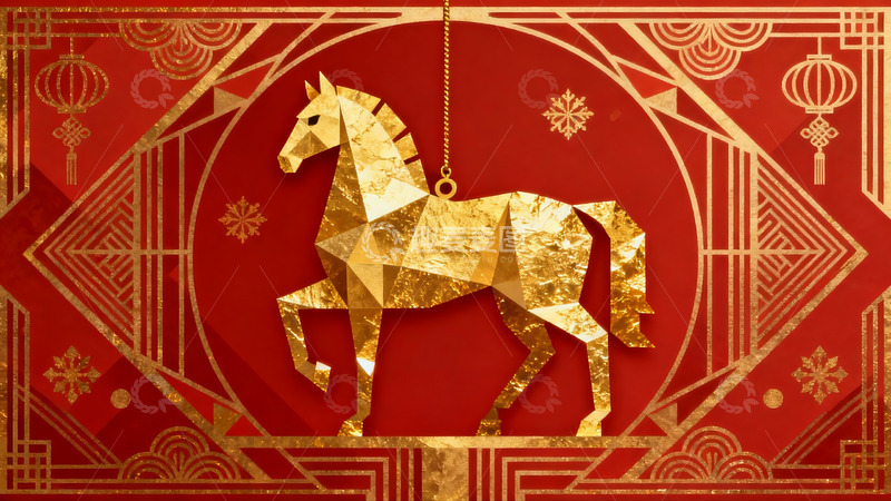 高清大图下载【趣麦麦图】金色马形挂饰新年红色背景