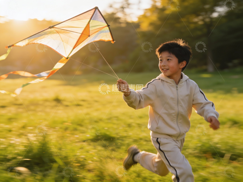 高清大图下载【趣麦麦图】小男孩草地上放风筝