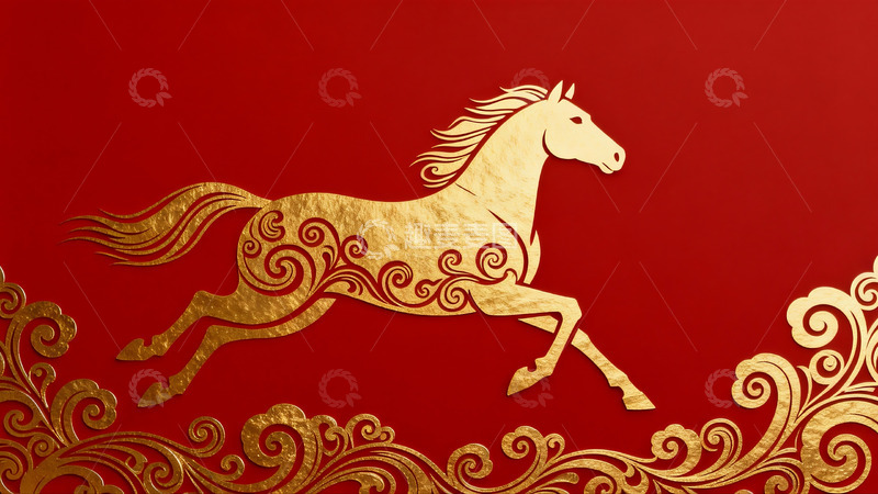 高清大图下载【趣麦麦图】红色背景金色骏马图案