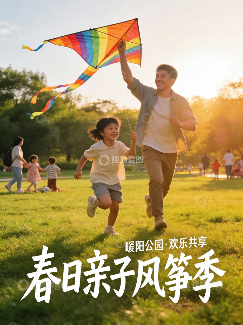 高清大图下载【趣麦麦图】春日公园亲子放风筝