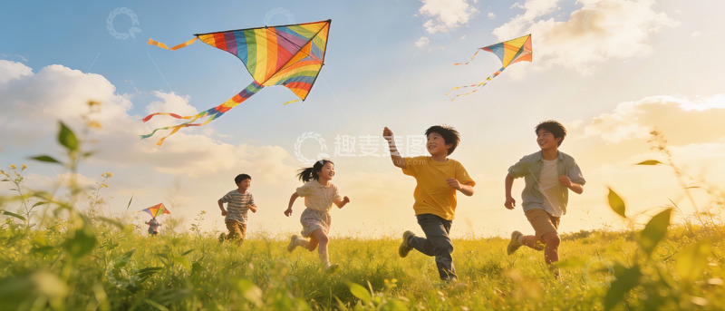 高清大图下载【趣麦麦图】孩子们草地上放风筝