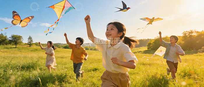 孩子们草地上放风筝