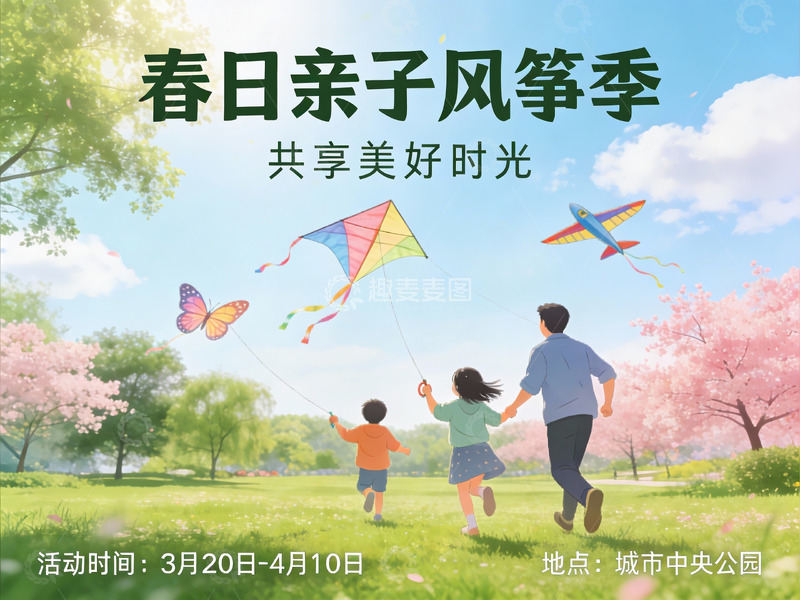 高清大图下载【趣麦麦图】春日公园亲子放风筝