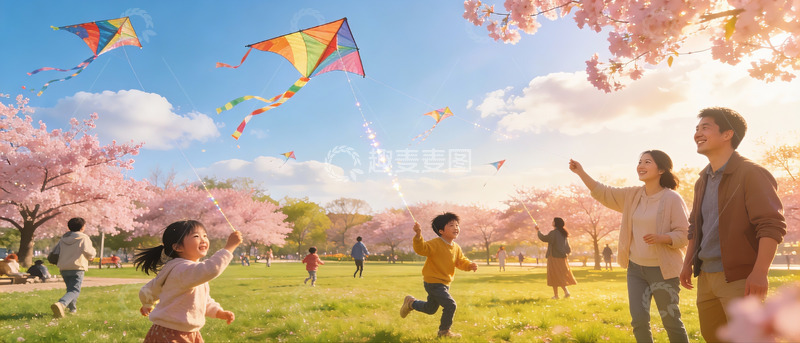 高清大图下载【趣麦麦图】春日樱花下放风筝的欢乐家庭