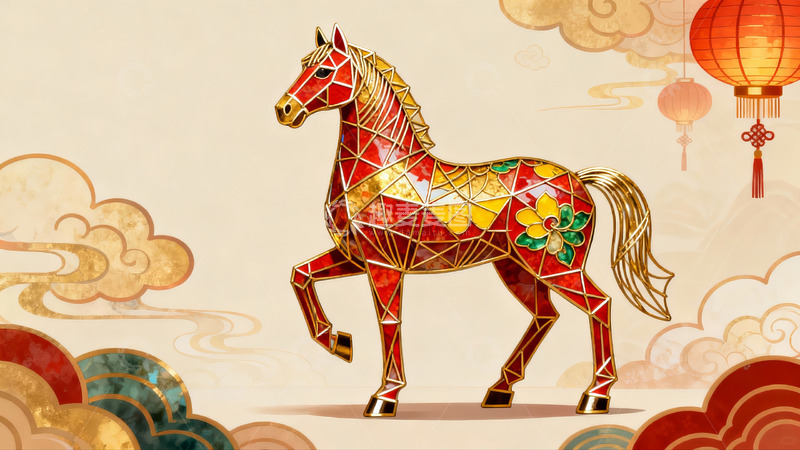 高清大图下载【趣麦麦图】彩色马匹艺术插画配灯笼祥云