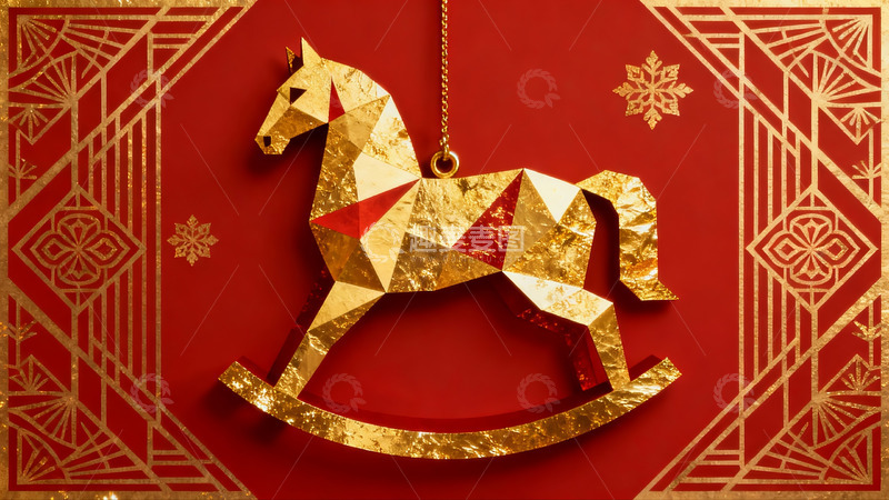 高清大图下载【趣麦麦图】金色几何马挂饰红色背景