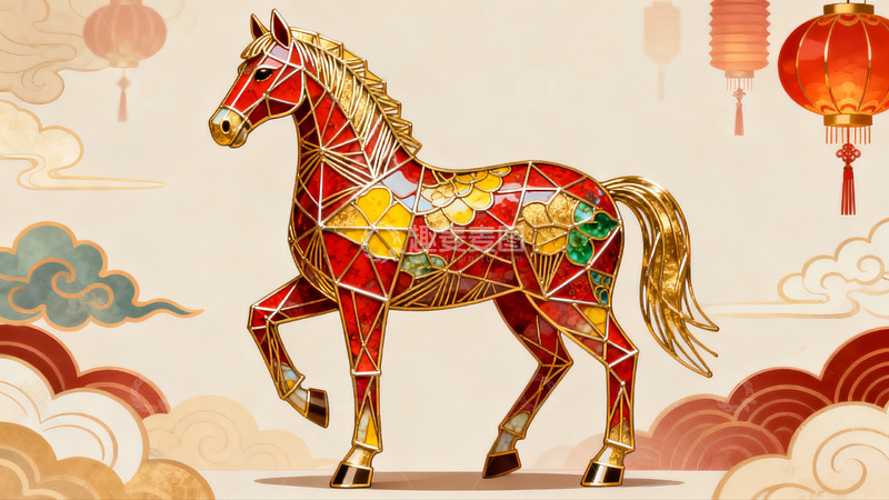 高清大图下载【趣麦麦图】彩色马匹艺术插画配灯笼云朵