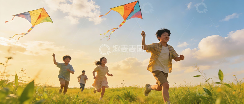 高清大图下载【趣麦麦图】孩子们草地上放风筝