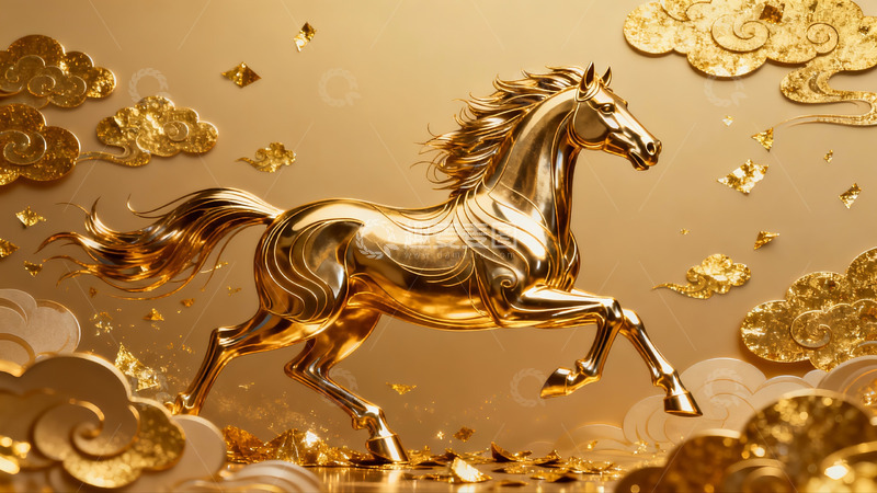 高清大图下载【趣麦麦图】金色骏马奔腾祥云环绕