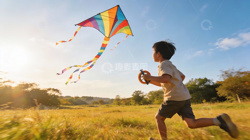 高清大图下载【趣麦麦图】小男孩草地上放风筝