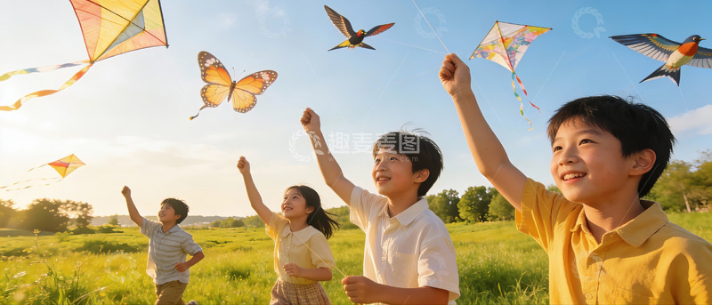 高清大图下载【趣麦麦图】孩子们户外放风筝欢乐场景