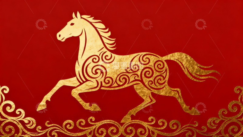 高清大图下载【趣麦麦图】金色骏马奔腾于红色背景之上