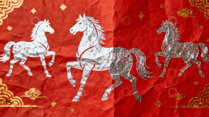 高清大图下载【趣麦麦图】红色背景上的银色马图案装饰画
