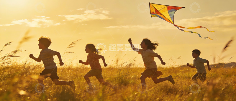 高清大图下载【趣麦麦图】夕阳下孩童奔跑放风筝