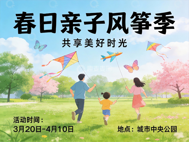 高清大图下载【趣麦麦图】春日公园亲子放风筝