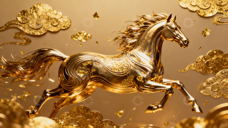 高清大图下载【趣麦麦图】金色骏马奔腾祥云环绕