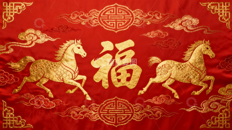 高清大图下载【趣麦麦图】红色背景金色马与福字图案