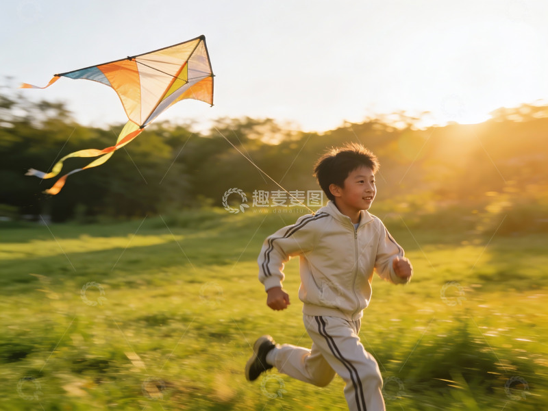 高清大图下载【趣麦麦图】小男孩草地上放风筝