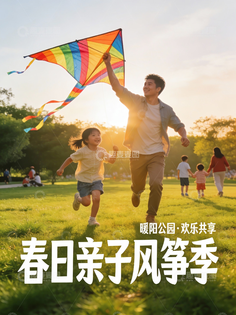 高清大图下载【趣麦麦图】春日公园亲子放风筝