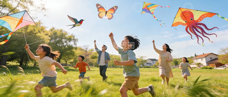 高清大图下载【趣麦麦图】家庭户外放风筝欢乐场景