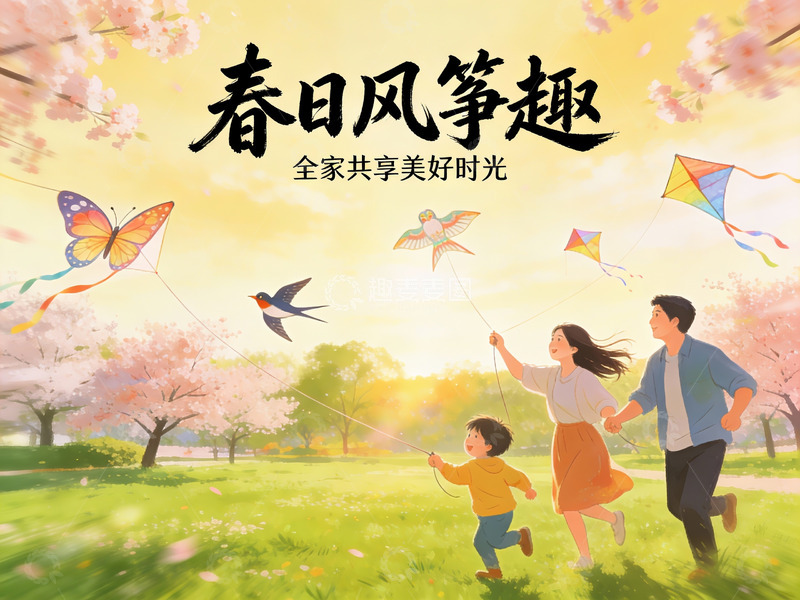 高清大图下载【趣麦麦图】春日公园放风筝全家乐