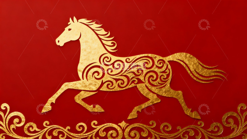 高清大图下载【趣麦麦图】红色背景金色骏马剪纸图案