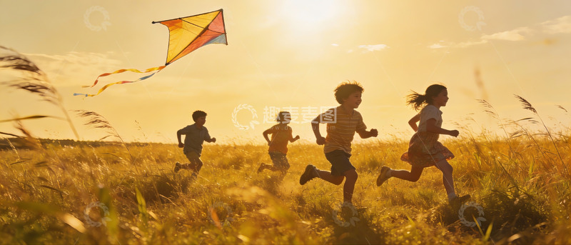 高清大图下载【趣麦麦图】夕阳下孩童奔跑放风筝