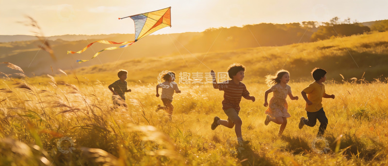 高清大图下载【趣麦麦图】孩童奔跑放风筝