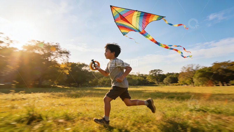 高清大图下载【趣麦麦图】小男孩草地上放风筝