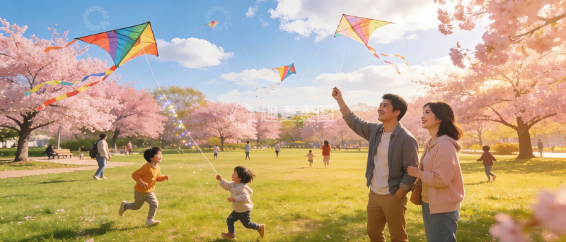 高清大图下载【趣麦麦图】樱花树下放风筝的欢乐家庭