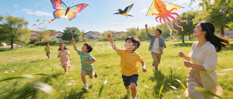高清大图下载【趣麦麦图】一家人在公园放风筝