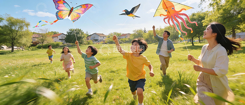 一家人在公园放风筝
