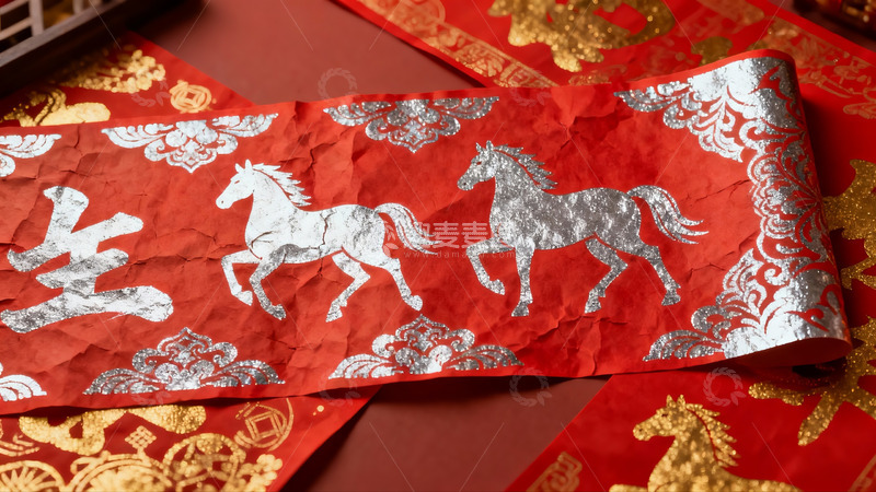 高清大图下载【趣麦麦图】红色纸带上的银色马纹装饰