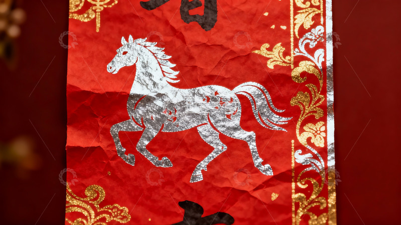 高清大图下载【趣麦麦图】红色纸张上的银色马图案