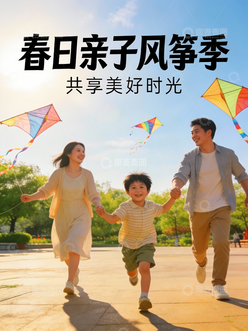 高清大图下载【趣麦麦图】春日公园亲子放风筝