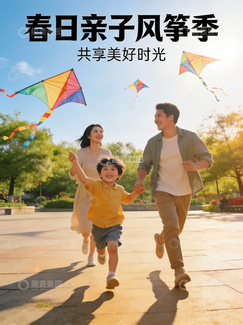 高清大图下载【趣麦麦图】春日公园亲子放风筝
