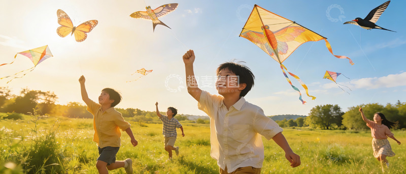 高清大图下载【趣麦麦图】孩子们户外放风筝欢乐场景