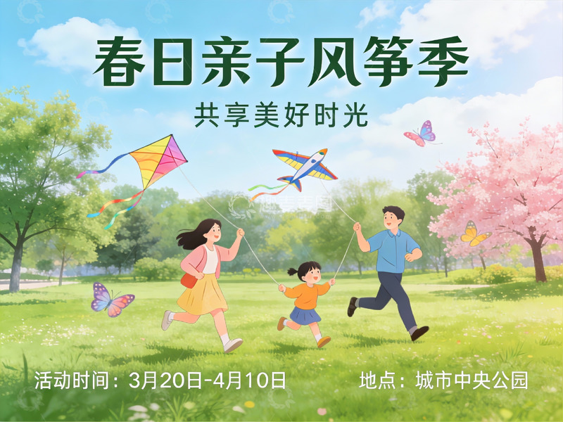 高清大图下载【趣麦麦图】春日公园放风筝亲子活动