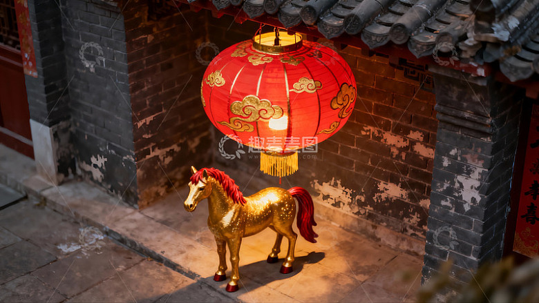 古建筑前的红灯笼与金色马雕