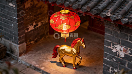 古建筑前的金色马灯饰