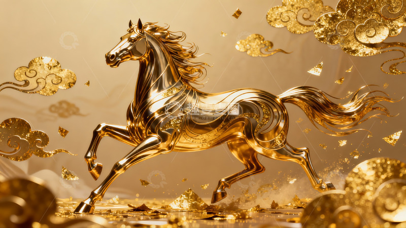 高清大图下载【趣麦麦图】金色骏马奔腾祥云环绕