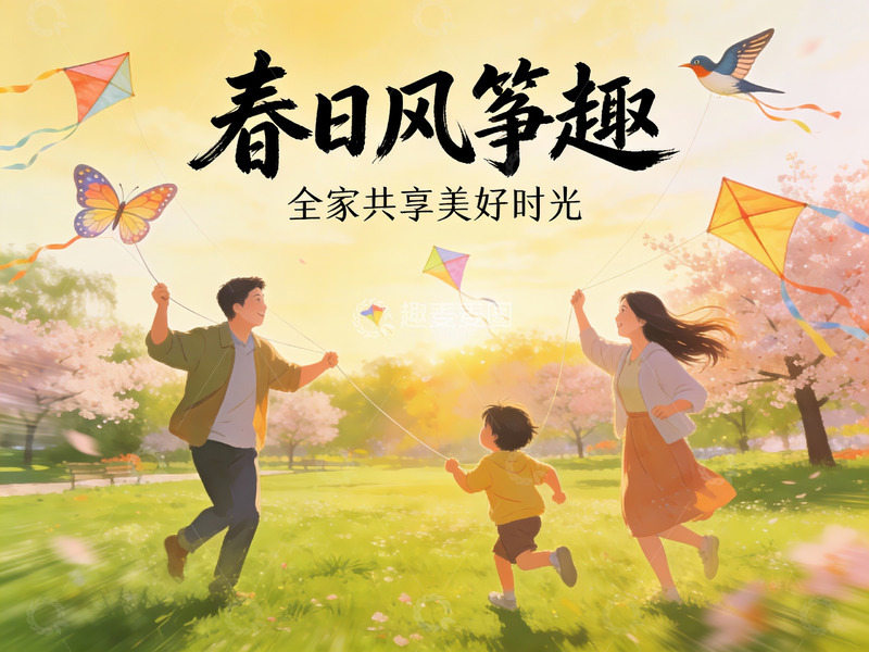 高清大图下载【趣麦麦图】春日公园放风筝全家乐