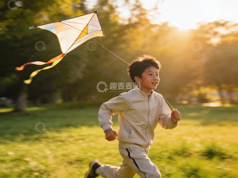 高清大图下载【趣麦麦图】小男孩草地上放风筝