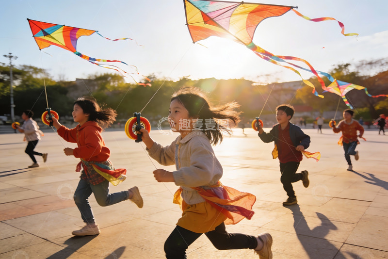 高清大图下载【趣麦麦图】孩子们户外放风筝欢乐奔跑