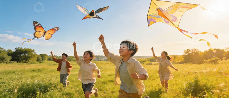 高清大图下载【趣麦麦图】孩子们草地上放风筝